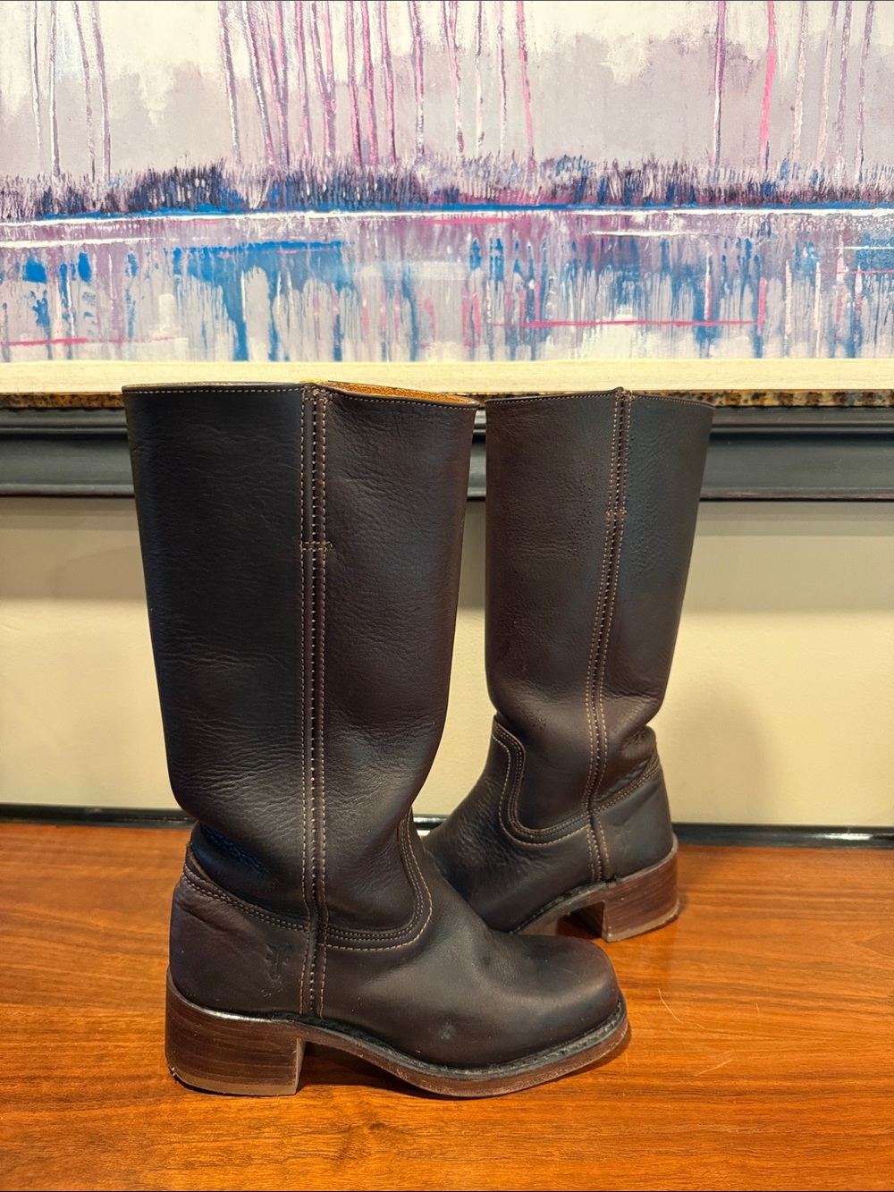FRYE Dark Brown Leather Campus Mid-Calf Heeled Boots - Size 7